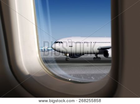 view of plane on runway through window, airport