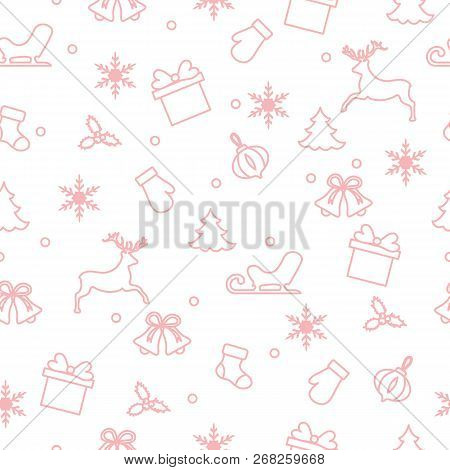 Happy New Year 2019 And Christmas Seamless Pattern. Winter Illustration With Mittens, Sled, Gift, Sn