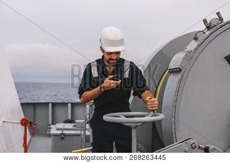 Marine Deck Officer Or Chief Mate On Deck Of Vessel Or Ship
