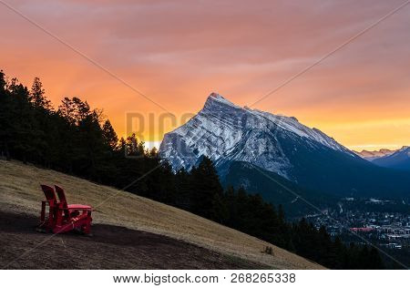 Stunning Sunrise Scenery Of Mount Rundle And Banff Town In Banff National Park In Alberta, Canada. S