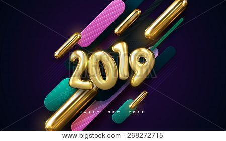 Happy New 2019 Year. Vector Holiday Illustration Of Colorful 3d Geometric Primitives And 2019 Golden