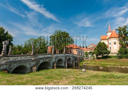 Baroque bridge with statues in Namest nad Oslavou, Czech Republic
