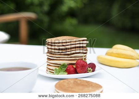 Homemade Pancakes With Fresh Strawberries And Honey. Pancakes For Breakfast.gluten-free: Pancake Wit