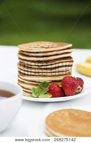 Homemade Pancakes With Fresh Strawberries And Honey. Pancakes For Breakfast.gluten-free: Pancake Wit