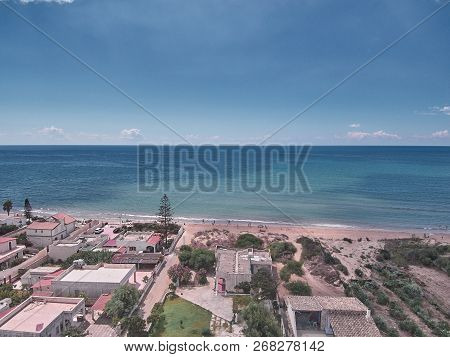 Aerial View Of Granelli Beach, A Seaside Place In Sicily. The Shot Is Taken In A Beautiful Sunny Sum