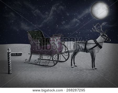 3D Rendering Of A North Pole Sign And Reindeer With Sleigh At Night.