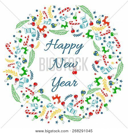 Happy New Year Greeting Card With Wreath,