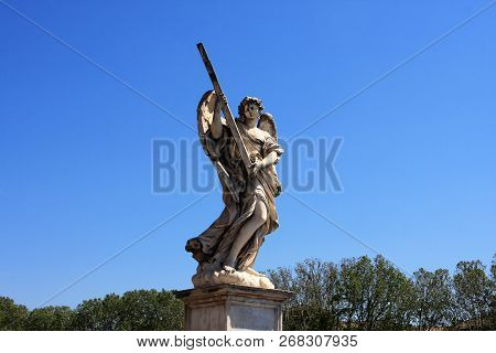 Statue Of Angel At Medieval Castel Sant`angelo, Mausoleum Of Hadrian In Parco Adriano, Rome, Italy.