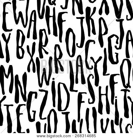 Seamless Pattern With Yellow Abc Or Alphabet On Black Background. Hand Drawn Letters Dark, Black Whi