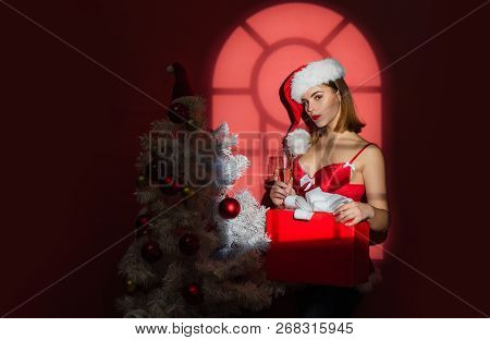 Sexy Girl Preparing To Celebrate New Year And Merry Christmas. Beautiful Lady In Elegant Panties