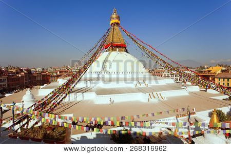 Boudha, Bodhnath Or Boudhanath Stupa With Prayer Flags, The Biggest Buddhist Stupa In Kathmandu City