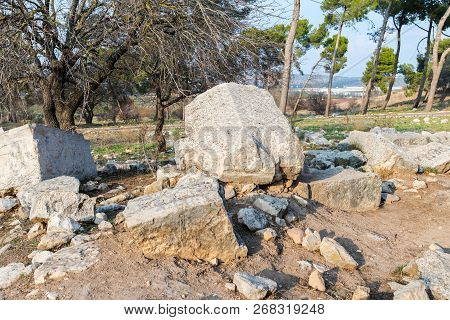 The Remains Of The Columns On The Ruins Of The Destroyed Roman Temple, Located In The Fortified City