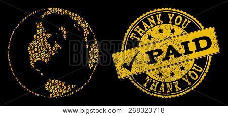 Golden Composition Of Dollar Mosaic Global Map Of World And Paid Textured Seal. Vector Seal With Gru