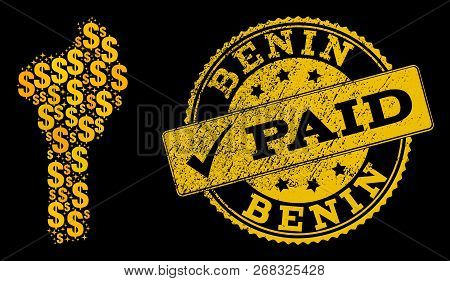Golden Collage Of Dollar Mosaic Map Of Benin And Paid Rubber Stamp. Vector Watermark With Scratched 
