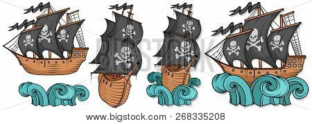 Pirate Ship Or Boat Illustration, Isolated On White Background, Cartoon Sea Pirate Ship, Sailing Shi