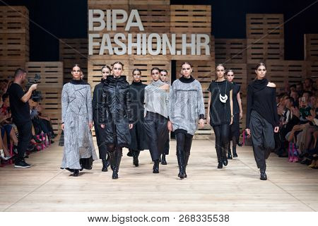ZAGREB, CROATIA - OCTOBER 27, 2018: Fashion models wear fall-winter collection, designed by famous Croatian designer Marina Design at the 'Fashion.hr' fashion show