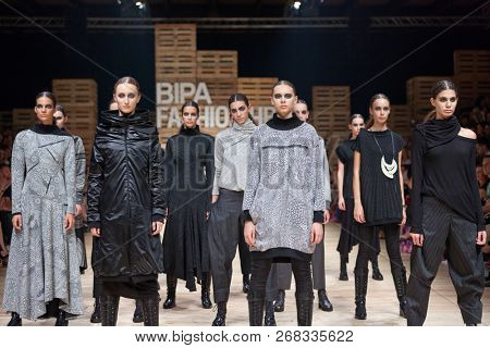 ZAGREB, CROATIA - OCTOBER 27, 2018: Fashion models wear fall-winter collection, designed by famous Croatian designer Marina Design at the 'Fashion.hr' fashion show