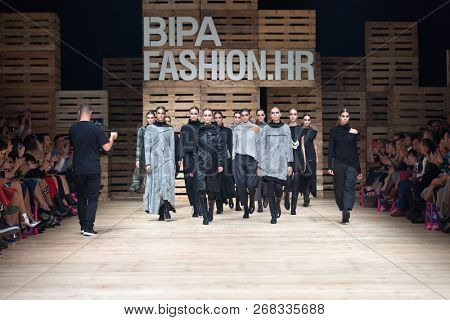 ZAGREB, CROATIA - OCTOBER 27, 2018: Fashion models wear fall-winter collection, designed by famous Croatian designer Marina Design at the 'Fashion.hr' fashion show