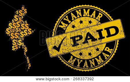Golden Composition Of Dollar Mosaic Map Of Myanmar And Paid Dirty Seal Stamp. Vector Seal With Grung