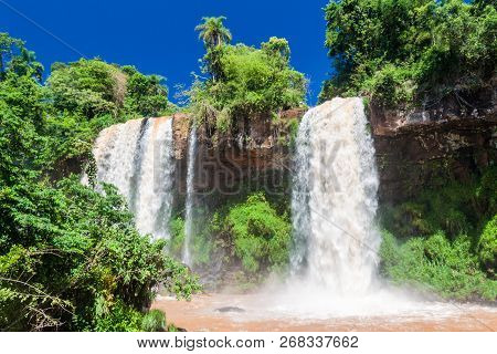 Waterfall Dos Hermanas Two Sisters At Iguacu Iguazu Falls On A Border Of Brazil And Argentina