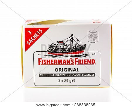 Wrexham, Uk - April 01, 2017: Box Of 3 Sachets Of Fishermans Friend, Original Flavour Lozenges Conta