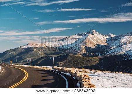 Trail Ridge Road, the highest (12,183 feet) continuous highway in the USA in high alpine tundra with rocks and mountains at autumn. Rocky Mountain National Park in Colorado, USA. 