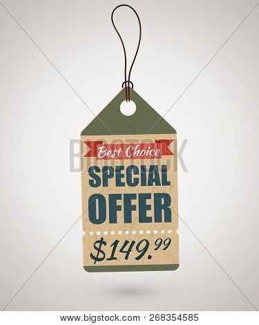 Vintage Cardboard Sale Label Or Price Tag Template In Retro Style With Special Offer. Vector Illustr