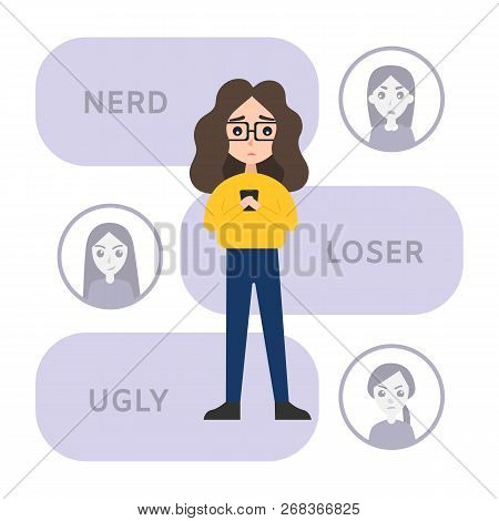 Cyber Bulling Vector Concept. Sad Teen Girl Reading Mean Comments On Her Phone. Mean Comments As The