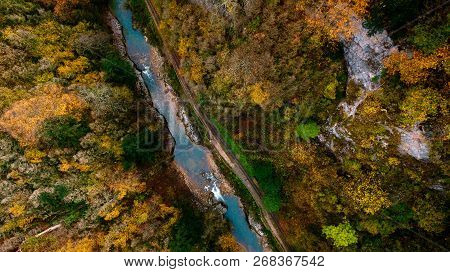 Mountain River And Autumn Trees In Guam Gorge 