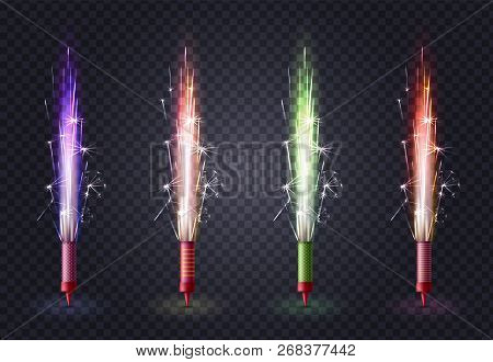 Realistic Fireworks Colored Set With Four Isolated Images Of Sparkler Bengal Light Sticks On Transpa