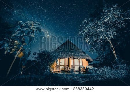 Luxury hotel hut, exotic plants. Fairy-tale background. Magnificent scenery the cozy house in traditional Sumbanese style surrounded by the tropical plants under a starry sky. Sumba island, Indonesia.