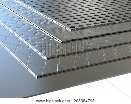 Set Of Steel Sheets Of Various Sizes. Image Of The Manufacturer Of Metal. 3d Illustration