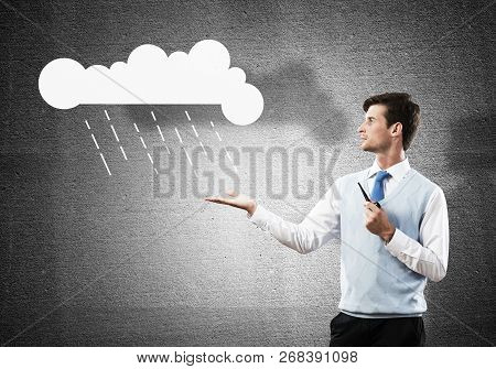 Horizontal Shot Of Confident And Young Businessman In Smart-casual Wear Smoking Pipe And Presenting 