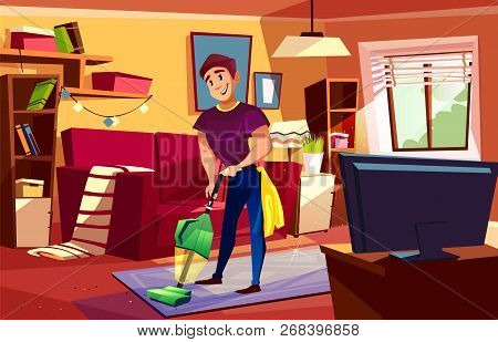 Man Cleaning Living Room Illustration Of Househusband Or College Boy With Vacuum Cleaner On Carpet, 