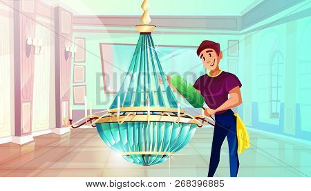 Ballroom Cleaning Illustration Of Man Dusting Big Crystal Chandelier With Feather Duster. Royal Pala