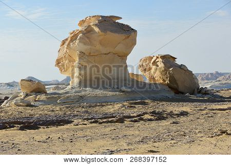 Beautiful Desert Landscape. Western White Desert, Sahara. Egypt. Africa. Aish El - Ghorab. The Mushr