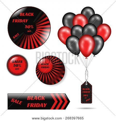 Black Friday Sales Set Of Icon And Stickers With Shiny Balloons Red Black Color. Vector Stock Banner