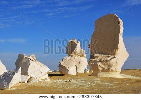 Beautiful Abstract Nature Rock Formations In Western White Desert At Sunet, Sahara. Egypt