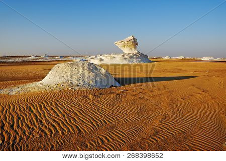 Beautiful Abstract Nature Rock Formations In Western White Desert At Sunset, Sahara. Egypt