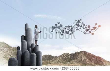 Young Female Doctor With Folder In Hands Satnding On Stone Column. 3d Rendering