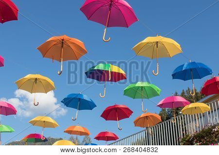 Multi Color Umbrellas Floating In Werfenweng, Austria