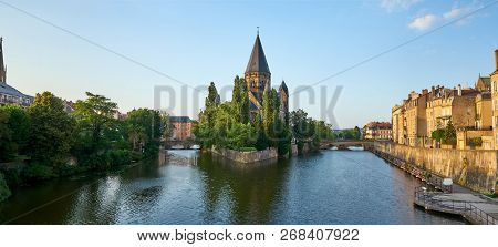 Panoramic View Of Protestant New Temple (temple Neuf) Church Island At Metz France