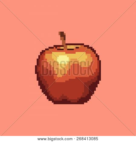Pixel Apple Icon. Beautiful Vector Fruit On Red Background