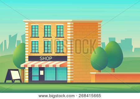 Mini Market Or Shop Store. Shop Building With A Glass-glazed Storefront. City Landscape. Vector Flat
