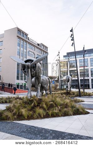 Prague, Czech Republic - January 6 2018: Statues On Public Places At Former Waltrovka Factory Real E