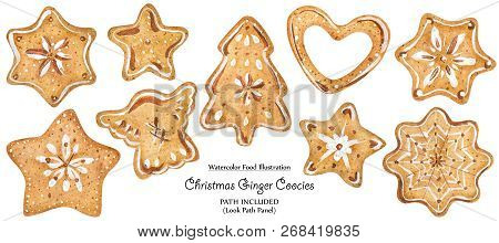 Watercolor Food Illustration. Homemade Decorated Christmas Gingerbread. Isolated, Path Included