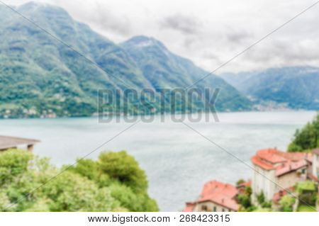 Defocused Background With Scenic Landscape Over The Lake Como, As Seen From The Town Of Bellano, Ita
