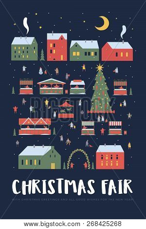 Festive Illustration With Image Of Christmas Fair And Stalls On Background Of Snow-covered Evening C