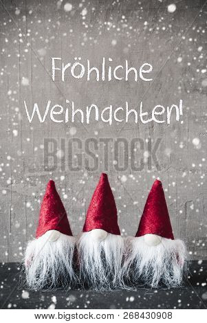 Red Gnomes, Cement, Froehliche Weihnachten Means Merry Christmas