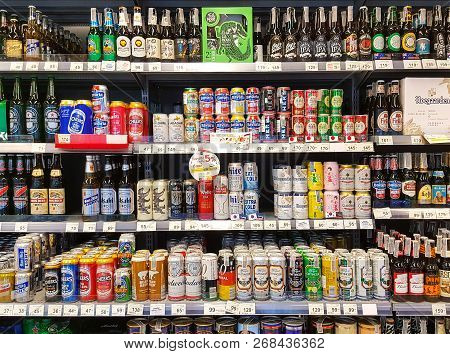 Bangkok Thailand - October 27: Beer Rack Many Brands On Supermarket Stand. Various Bottles And Cans 